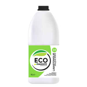 Eco Lavastoviglie 04 è un detergente liquido che sgrassa in profondità e pulisce tutti i tipi di piatti, bicchieri e pentole